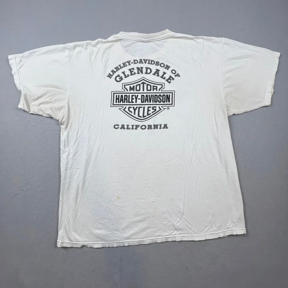 Harley Davidson T-Shirt Mens 2XL White Eagle Glendale CA Thrashed Biker Vintage